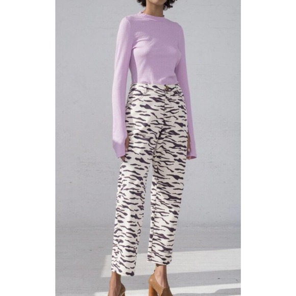 REJINA PYO Sofia Jeans •12/EU40• Cream Brown Tiger Straight Denim Pants NWT $745
